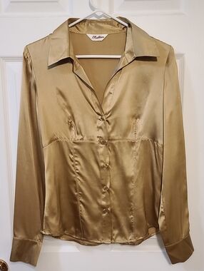 Vintage 90s 100% Silk Gold Champagne Blouse Elegant Old Money Metallic Sheen